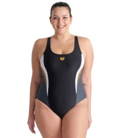 Arena Women's Plus Size Print Threefold V Back One Piece Swimsuit -Swimming Equipment Shop 8591113519272 blackasphaltwhite 1a