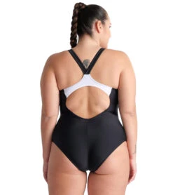 Arena Women's Plus Size Print Threefold V Back One Piece Swimsuit -Swimming Equipment Shop 8591113519272 blackasphaltwhite 2a