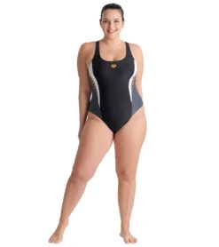 Arena Women's Plus Size Print Threefold V Back One Piece Swimsuit -Swimming Equipment Shop 8591113519272 blackasphaltwhite 3a