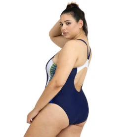 Arena Women's Plus Size Print Threefold V Back One Piece Swimsuit -Swimming Equipment Shop 8591113519272 navyneonbluewhite 2a