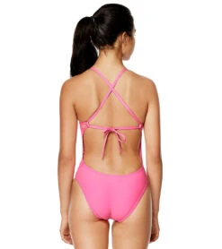 Speedo Women's Solid Tie Back One Piece Swimsuit -Swimming Equipment Shop 8641118568616 pinkglo 2a