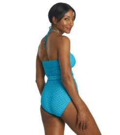 Michael Kors Women's Geo Print Bandeau Cut Out One Piece Swimsuit -Swimming Equipment Shop 8641308098728 cyanblue 3a