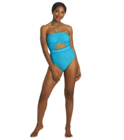 Michael Kors Women's Geo Print Bandeau Cut Out One Piece Swimsuit -Swimming Equipment Shop 8641308098728 cyanblue 4a