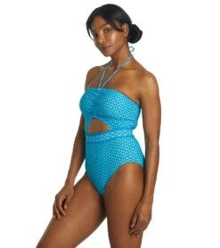 Michael Kors Women's Geo Print Bandeau Cut Out One Piece Swimsuit -Swimming Equipment Shop 8641308098728 cyanblue 5a