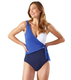 Tommy Bahama Women's Island Cays Colorblock Wrap Front One Piece Swimsuit -Swimming Equipment Shop 8641972142248 beamingblue 1a