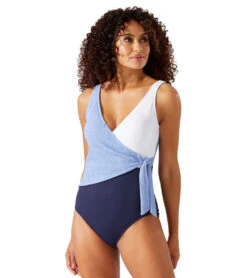 Tommy Bahama Women's Island Cays Colorblock Wrap Front One Piece Swimsuit -Swimming Equipment Shop 8641972142248 bluemondayheatherrev