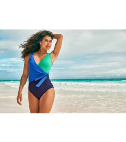 Tommy Bahama Women's Island Cays Colorblock Wrap Front One Piece Swimsuit -Swimming Equipment Shop 8641972142248 vividpalm 5a