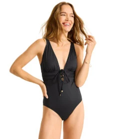 Tommy Bahama Women's Pearl Solid Tie Front One Piece Swimsuit -Swimming Equipment Shop 8667196162216 black