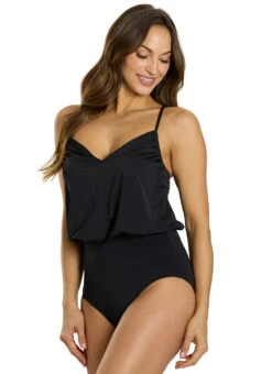 Jantzen Women's Solid Katrina Blouson One Piece Swimsuit -Swimming Equipment Shop 8669965385896 black 4a