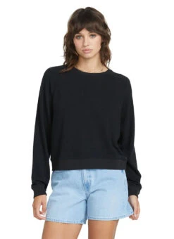 Volcom Women's Solid Lil Frenchie Long Sleeve Raglan Pullover -Swimming Equipment Shop 8819783434408 black 1a