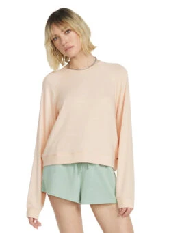 Volcom Women's Solid Lil Frenchie Long Sleeve Raglan Pullover -Swimming Equipment Shop 8819783434408 champagnegold